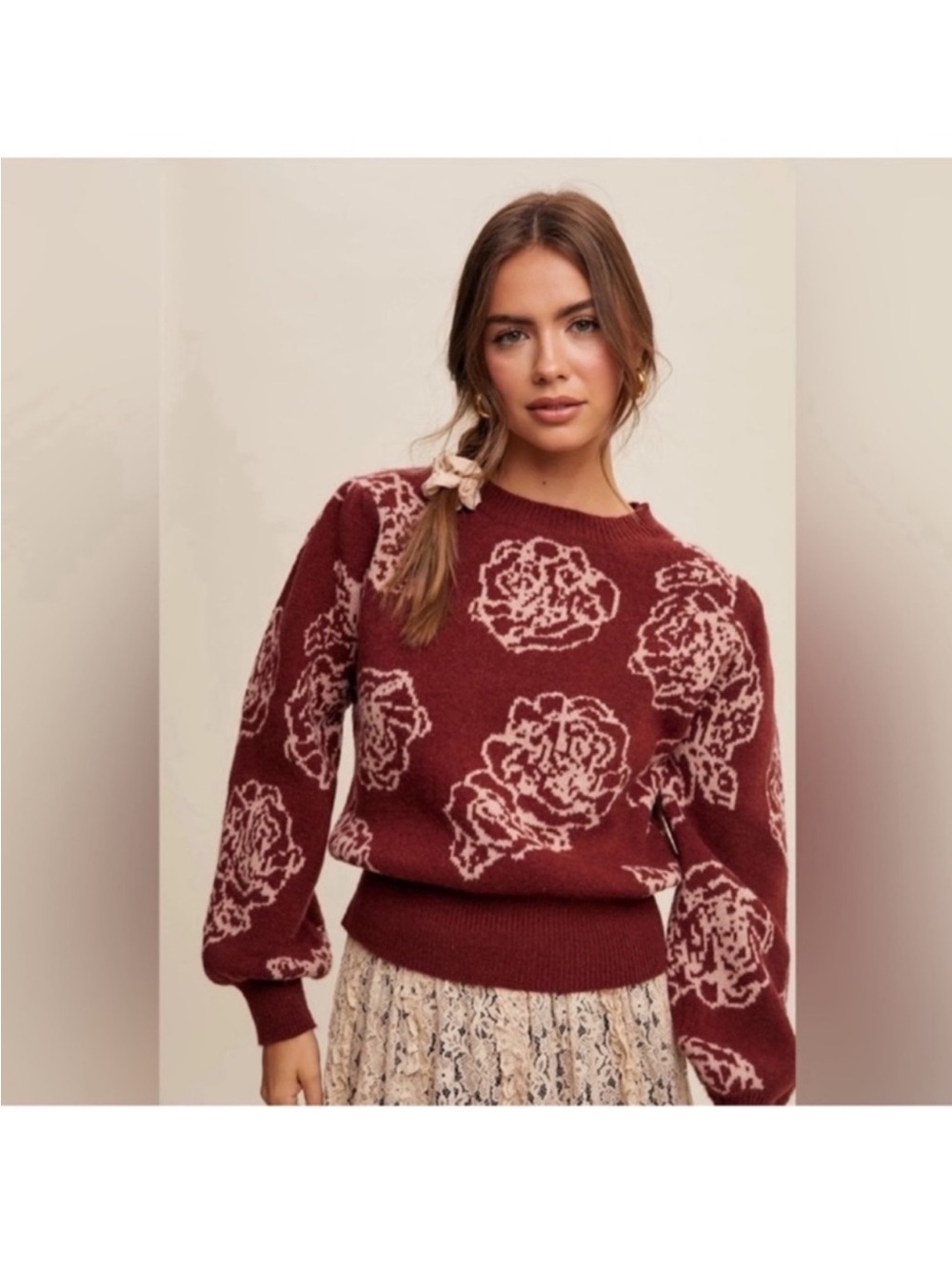Listicle Floral Knit pullover Sweater Sz S Burgundy Pink Crew